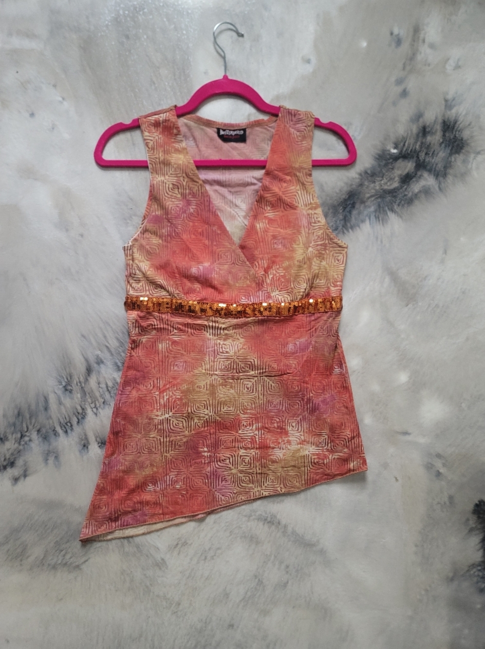 Hottwmpered Coral Tie-Dye V-Neck Tank with Gold Sequin Waist